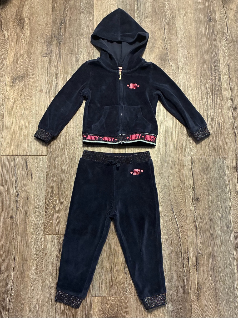 Juicy Couture Navy Velour Hoodie & Pants Set with Pink Logo Trim